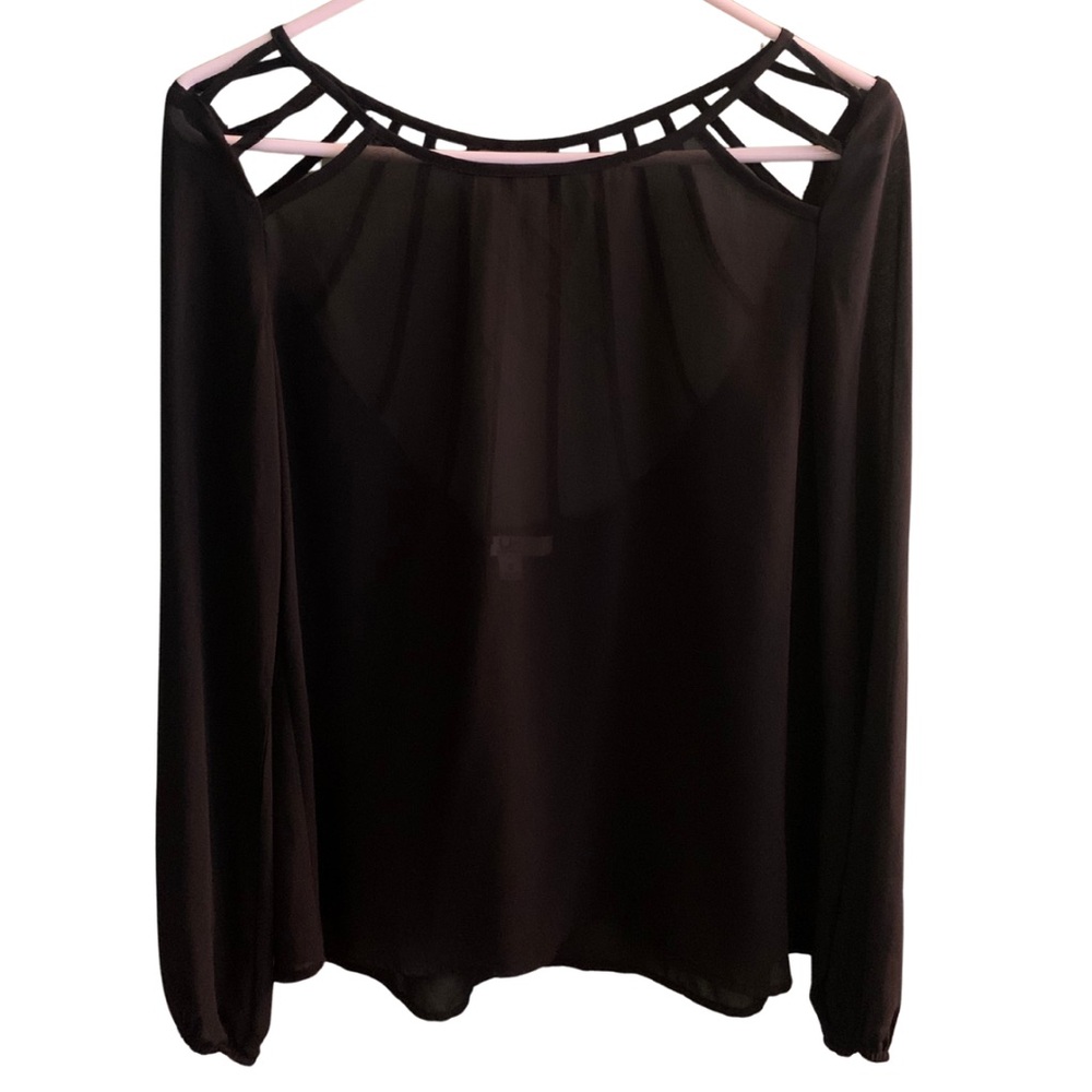 2/$30 Sheer Black Long Sleeve Cutout Blouse Size Small Chiffon Edgy Minimal Goth